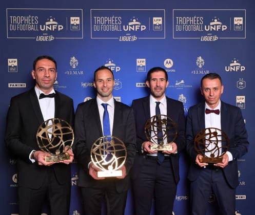 Trophee UNFP 2026 Huseyin OCAK (ARBITRE) - Frederic HEBRARD (ARBITRE) - Jerome BRISARD (ARBITRE) - Alexandre PERREAU NIEL (ARBITRE) during the 2026 UNFP Trophy ceremony at Palais Brongniart on May 11, 2026 in Paris, France. Paris France  Copyright: xFEPx 776493480