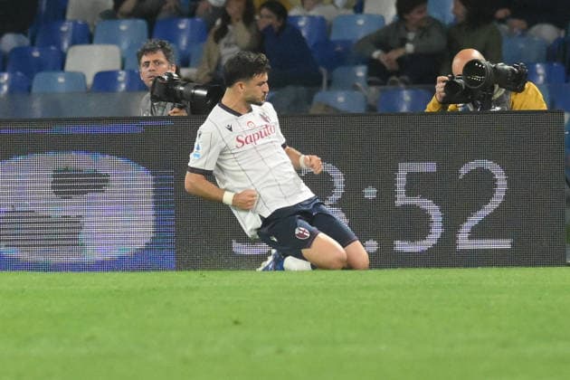 Bologna™s Riccardo Orsolini celebrates after scoring on a penalty kick a goal of 0-2 during the Serie A soccer match between Napoli and Bologna at the Diego Armando Maradona Stadium in Naples, southern italy - Monday , May 11, 2026. - Soccer .  Copyright: xAlessandroxGarofalo LaPressex