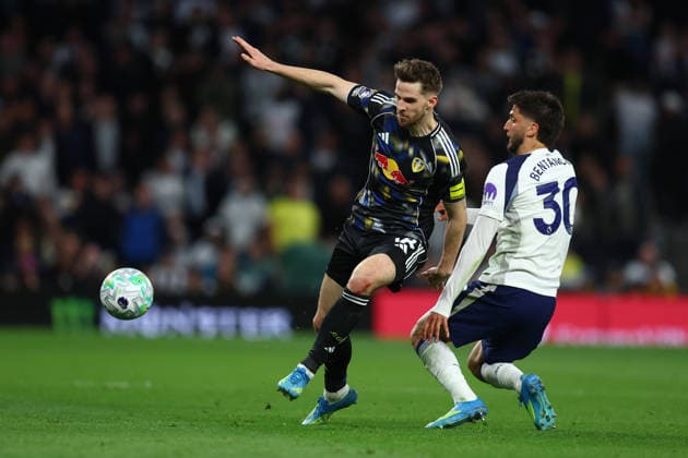 London, England, 11th May 2026. Anton Stach of Leeds United and Rodrigo Bentancur of Tottenham Hotspur challenge for the ball during the Tottenham Hotspur vs Leeds United Premier League match at the Tottenham Hotspur Stadium, London. Picture credit should read: Paul Terry Sportimage EDITORIAL USE ONLY. No use with unauthorised audio, video, data, fixture lists, club league logos or live services. Online in-match use limited to 120 images, no video emulation. No use in betting, games or single club league player publications. SPI_030_PT_Spurs_Leeds SPI-4794-0030