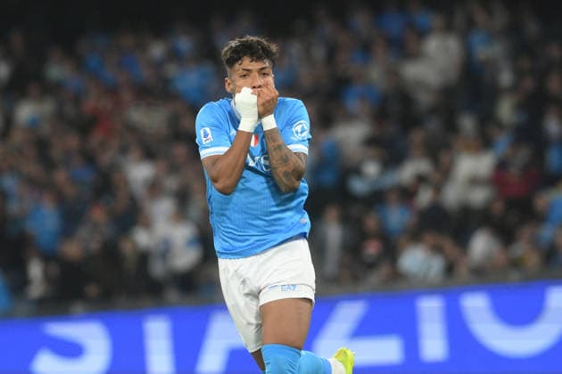 Napoli™s Alisson Santos celebrates after scoring a goal of 2-2 during the Serie A soccer match between Napoli and Bologna at the Diego Armando Maradona Stadium in Naples, southern italy - Monday , May 11, 2026. - Soccer .  Copyright: xAlessandroxGarofalo LaPressex