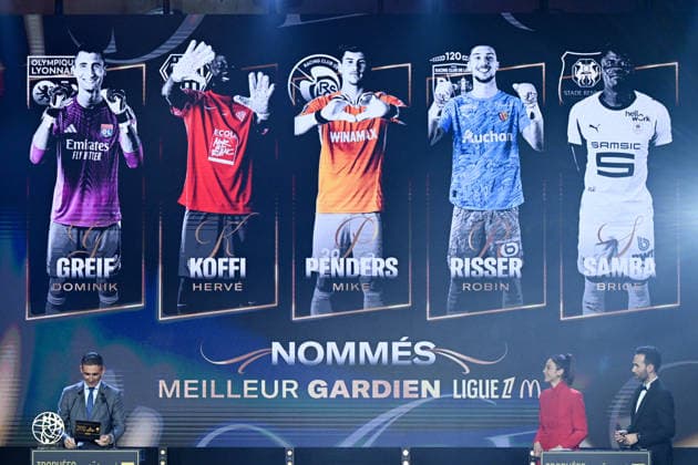 Trophee UNFP 2026 Guillaume WARMUZ - Marina LORENZO (Journaliste LIGUE 1+) - Thibault LE ROL (Journaliste LIGUE 1+) during the 2026 UNFP Trophy ceremony at Palais Brongniart on May 11, 2026 in Paris, France. Paris France  Copyright: xFEPx 776493480