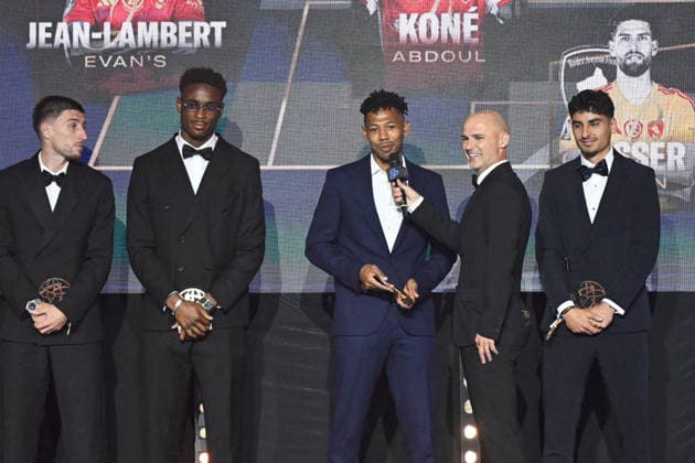 Trophee UNFP 2026 92 Abdoul KONE (sdr) - 21 Tawfik BENTAYEB (estac) - 05 Martin ADELINE (estac) - Benjamin NIVET during the 2026 UNFP Trophy ceremony at Palais Brongniart on May 11, 2026 in Paris, France. Paris France  Copyright: xFEPx 776493480