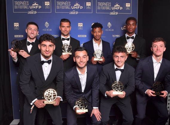 Trophee UNFP 2026 10 Giovani VERSINI (pau) - 02 Alec GEORGEN (usld) - 20 Enzo BARDELI (usld) - 06 Adrien MONFRAY (estac) - 17 Antoine MILLE (estac) - 92 Abdoul KONE (sdr) - 21 Tawfik BENTAYEB (estac) - 05 Martin ADELINE (estac) during the 2026 UNFP Trophy ceremony at Palais Brongniart on May 11, 2026 in Paris, France. Paris France  Copyright: xFEPx 776493480