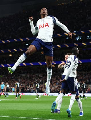 London, England, 11th May 2026. Mathys Tel of Tottenham Hotspur celebrates after scoring to make it 1-0 during the Tottenham Hotspur vs Leeds United Premier League match at the Tottenham Hotspur Stadium, London. Picture credit should read: Paul Terry Sportimage EDITORIAL USE ONLY. No use with unauthorised audio, video, data, fixture lists, club league logos or live services. Online in-match use limited to 120 images, no video emulation. No use in betting, games or single club league player publications. SPI_043_PT_Spurs_Leeds SPI-4794-0043