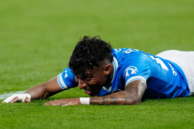 Allison Santos (SSC Napoli) lies on the ground, , SSC Napoli v Bologna FC 1909, Diego Maradona Stadium, May 11, 2026, Napoli, Italy.