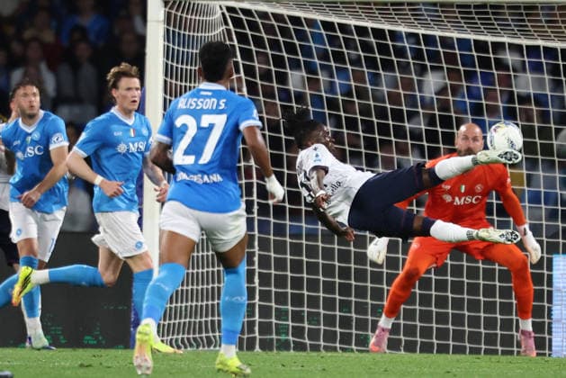 Jonathan Rowe of Bologna FC scores the goal of 2-3 during the Serie A 2025 2026 football match between SSC Napoli and Bologna FC at Diego Armando Maradona stadium in Naples (Italy), May 11th, 2026. CesarexPurini