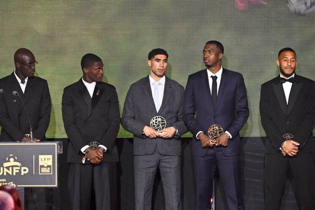 Trophee UNFP 2026 20 Malang SARR (rcl) - 25 Nuno MENDES (psg) - 02 Achraf HAKIMI (psg) - 51 Willian PACHO (psg) - 08 Corentin TOLISSO (ol) during the 2026 UNFP Trophy ceremony at Palais Brongniart on May 11, 2026 in Paris, France. Paris France  Copyright: xFEPx 776493480