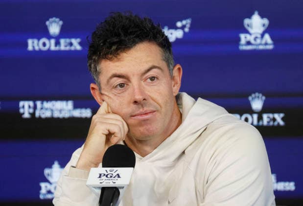 Rory McIlroy of Northern Ireland speaks at a press conference, PK, Pressekonferenz prior to the 108th PGA, Golf Herren Championship at Aronimink Golf Club on Tuesday, May 12, 2026 in Newtown, Pennsylvania.  PGA20260512101 JOHNxANGELILLO