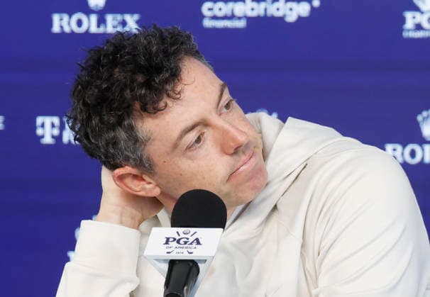 Rory McIlroy of Northern Ireland speaks at a press conference, PK, Pressekonferenz prior to the 108th PGA, Golf Herren Championship at Aronimink Golf Club on Tuesday, May 12, 2026 in Newtown, Pennsylvania.  PGA20260512102 JOHNxANGELILLO