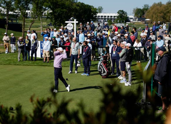 Tyrrell Hatton of England hits a tee shot on the first hole during a practice round two days before the start of 108th PGA, Golf Herren Championship at Aronimink Golf Club on Tuesday, May 12, 2026 in Newtown, Pennsylvania.  PGA20260512111 JOHNxANGELILLO