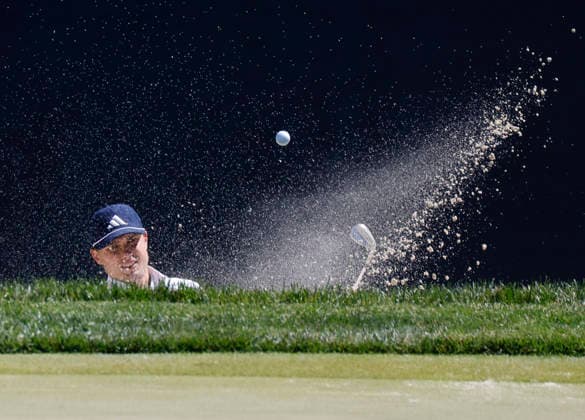 Ludvig Åberg hits a practice shot out of a bunker two days before the start of 108th PGA, Golf Herren Championship at Aronimink Golf Club on Tuesday, May 12, 2026 in Newtown, Pennsylvania.  PGA20260512113 JOHNxANGELILLO
