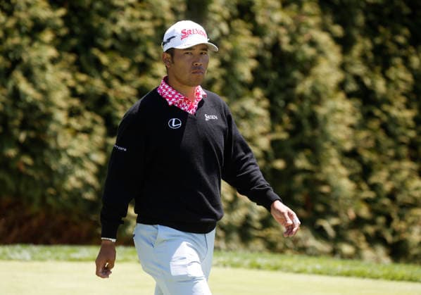 Hideki Matsuyama of Japan walks to the fairway after he hits a tee shot on the 10th hole during a practice round two days before the start of 108th PGA, Golf Herren Championship at Aronimink Golf Club on Tuesday, May 12, 2026 in Newtown, Pennsylvania.  PGA20260512117 JOHNxANGELILLO