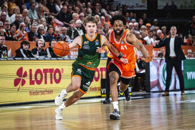 1. Basketball Bundesliga, easyCredit BBL, Saison 2025 2026, Herren, Play-Ins, Spiel um Platz 7, 12.05.2026, RASTA Vechta - Gladiators Trier Steven Ashworth ( 1 - VET-CONCEPT Gladiators Trier) in Aktion Vechta RASTA Dome Niedersachsen Deutschland