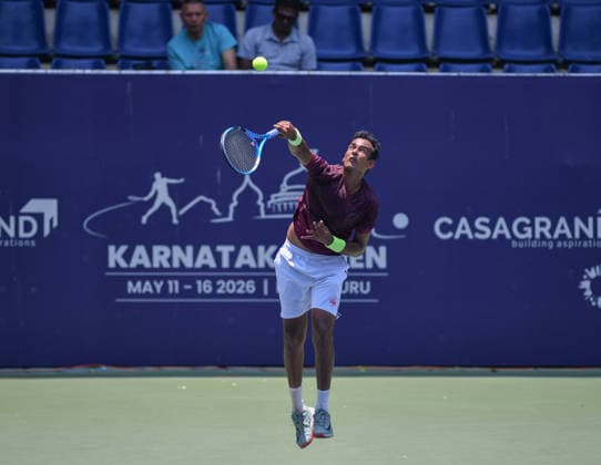 IPA84606962 - Bengaluru, India. 12th May, 2026. Mukund Sasikumar (IND) on action in Men s singles 1st round in the Karnataka Open ATP, Tennis Herren Challenger 2026 at the KSLTA Stadium in Bengaluru, India  Copyright: xRanjithxKumar IPAxSportx xx 84606962