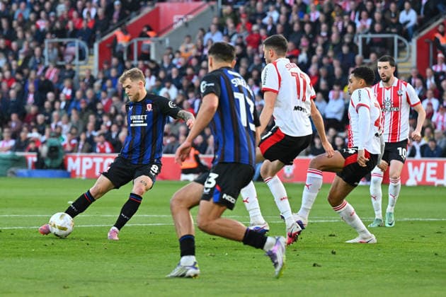 Southampton v Middlesbrough, EFL Sky Bet Championship, Play Off Second Leg Goal 0-1 - Riley McGree (8) of Middlesbrough scores the opening goal during the EFL Sky Bet Championship Play Off Second Leg match between Southampton and Middlesbrough at the St Mary s Stadium, Southampton, UK on 12 May 2026. Southampton St Mary s Stadium Hampshire UK Editorial use only DataCo restrictions apply See www.football-dataco.com , Copyright: xGrahamxHuntx PSI-24239-0040