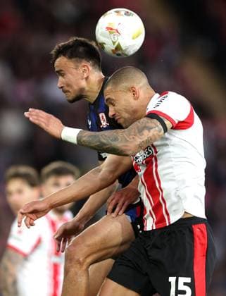 Nathan Wood of Southampton and David Strelec of Middlesbrough in action Southampton v Middlesbrough, EFL Sky Bet Championship, Play-Off Semi Final, Second Leg, Football, St Mary s Stadium, Southampton, UK - 12 May 2026Southampton St Mary s Stadium United Kingdom EDITORIAL USE ONLY No use with unauthorised audio, video, data, fixture lists, club league logos or live services. Online in-match use limited to 120 images, no video emulation. No use in betting, games or single club league player publications.  Copyright: xKieranxMcManus Shutterstockx 16871478bb