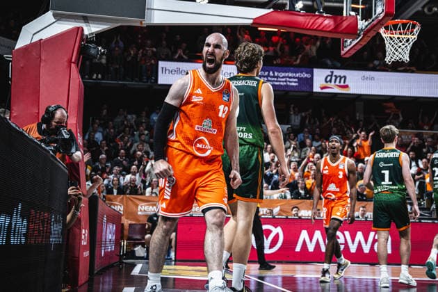 1. Basketball Bundesliga, easyCredit BBL, Saison 2025 2026, Herren, Play-Ins, Spiel um Platz 7, 12.05.2026, RASTA Vechta - Gladiators Trier Tommy Kuhse ( 12 - RASTA Vechta) zeigt Emotionen während der Partie Vechta RASTA Dome Niedersachsen Deutschland
