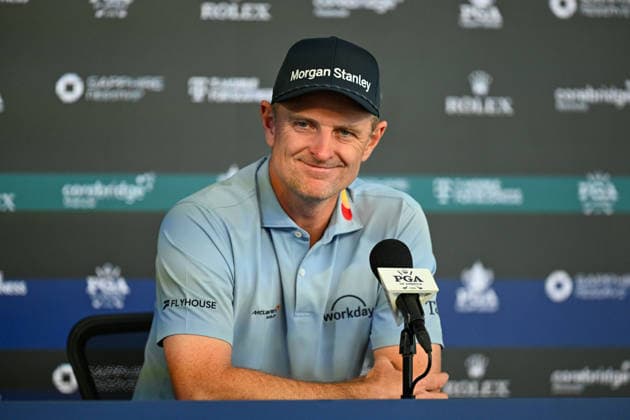 NEWTON SQUARE, PA - MAY 12: Justin Rose of England speaks with the media during the 2026 PGA, Golf Herren Championship on May 12th, 2026 at Aronimink Golf Club in Newtown Square, PA.(Photo by Terence Lewis Icon Sportswire) GOLF: MAY 12 PGA PGA Championship EDITORIAL USE ONLY Icon260512029
