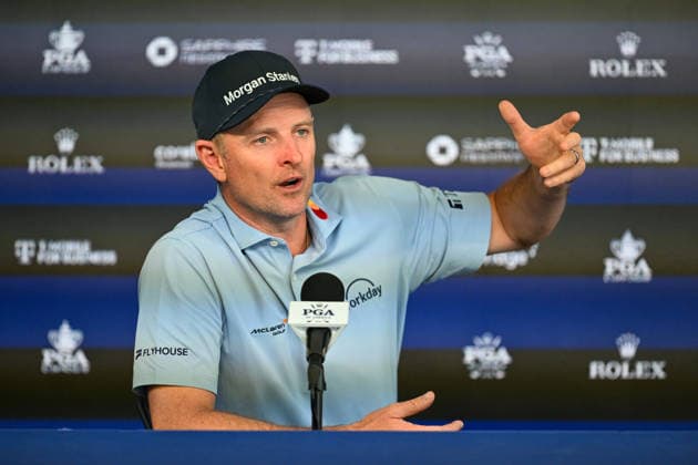 NEWTON SQUARE, PA - MAY 12: Justin Rose of England speaks with the media during the 2026 PGA, Golf Herren Championship on May 12th, 2026 at Aronimink Golf Club in Newtown Square, PA.(Photo by Terence Lewis Icon Sportswire) GOLF: MAY 12 PGA PGA Championship EDITORIAL USE ONLY Icon260512031