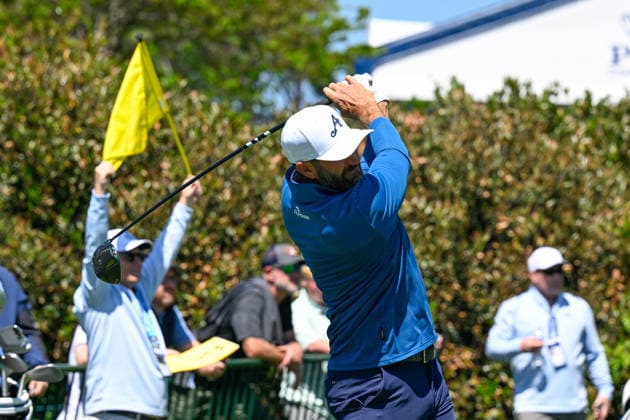 NEWTON SQUARE, PA - MAY 12: Dustin Johnson of United States of America tees off during the 2026 PGA, Golf Herren Championship on May 12th, 2026 at Aronimink Golf Club in Newtown Square, PA.(Photo by Terence Lewis Icon Sportswire) GOLF: MAY 12 PGA PGA Championship EDITORIAL USE ONLY Icon260512055