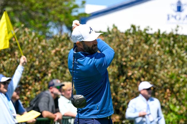 NEWTON SQUARE, PA - MAY 12: Dustin Johnson of United States of America tees off during the 2026 PGA, Golf Herren Championship on May 12th, 2026 at Aronimink Golf Club in Newtown Square, PA.(Photo by Terence Lewis Icon Sportswire) GOLF: MAY 12 PGA PGA Championship EDITORIAL USE ONLY Icon260512056