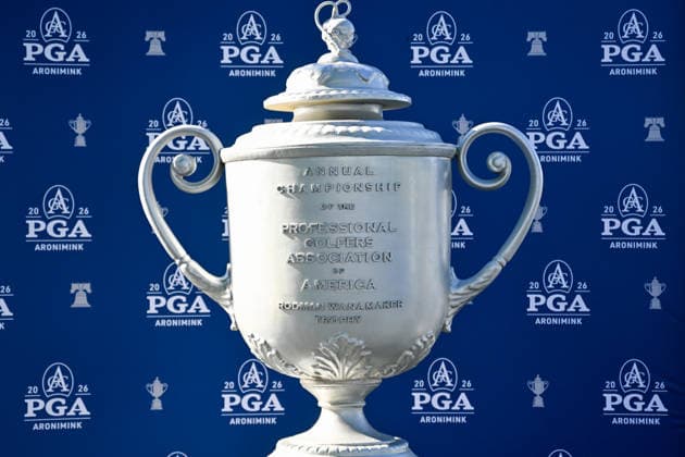 NEWTON SQUARE, PA - MAY 12: An oversized replica of the 2026 PGA, Golf Herren Champions Cup is shown during the 2026 PGA Championship on May 12th, 2026 at Aronimink Golf Club in Newtown Square, PA.(Photo by Terence Lewis Icon Sportswire) GOLF: MAY 12 PGA PGA Championship EDITORIAL USE ONLY Icon260512088