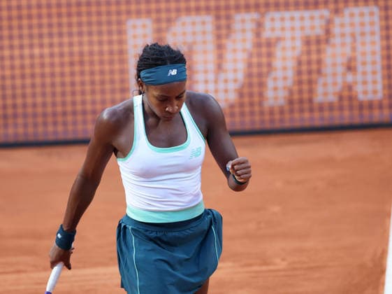 (260513) -- ROME, May 13, 2026 -- Coco Gauff of the United States celebrates a point during the women s singles quarterfinal between Coco Gauff of the United States and Mirra Andreeva of Russia at the WTA, Tennis Damen Italian Open in Rome, Italy, May 12, 2026. ) (SP)ITALY-ROME-TENNIS-WTA-ITALIAN OPEN LixJing 