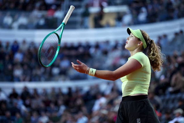(260513) -- ROME, May 13, 2026 -- Mirra Andreeva of Russia tosses the racquet after losing a point during the women s singles quarterfinal between Coco Gauff of the United States and Mirra Andreeva of Russia at the WTA, Tennis Damen Italian Open in Rome, Italy, May 12, 2026. ) (SP)ITALY-ROME-TENNIS-WTA-ITALIAN OPEN LixJing 