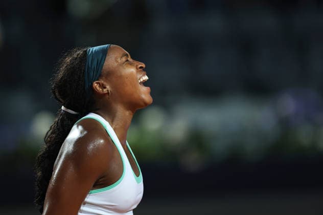 (260513) -- ROME, May 13, 2026 -- Coco Gauff of the United States celebrates after winning the women s singles quarterfinal between Coco Gauff of the United States and Mirra Andreeva of Russia at the WTA, Tennis Damen Italian Open in Rome, Italy, May 12, 2026. ) (SP)ITALY-ROME-TENNIS-WTA-ITALIAN OPEN LixJing 