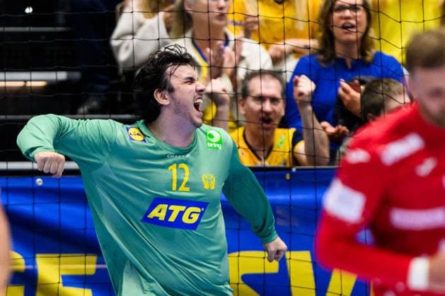 260513 Goalkeeper Marko Roganovic of Sweden celebrates during the International Friendly, Länderspiel, Nationalmannschaft handball match between Sweden and Croatia on May 13, 2026 in Kristianstad. Photo: Petter Arvidson BILDBYRAN kod PA PA1213 handball handboll handball träningsmatch sverige sweden croatia friendly match sverige bbeng jubel sverige sweden celebrates Copyright: PETTERxARVIDSON BB260513PA075