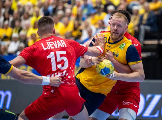 KRISTIANSTAD 2026-05-13 Croatia s Leon Ljevar and Sweden s Jim Gottfridsson during Wednesday s international handball match between Sweden and Croatia in Kristianstad Arena. KRISTIANSTAD SWEDEN x50090x Copyright: xJohanxNilssonx xTTx HANDBALL SWEDEN-CROATIA