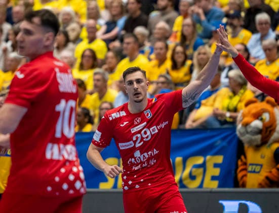 Croatia s Patrik Martinovic celebrates after scoring during Wednesday s international handball match between Sweden and Croatia in Kristianstad Arena in Kristianstad, Sweden on may 13, 2026. KRISTIANSTAD SWEDEN x50090x Copyright: xJohanxNilssonx xTTx HANDBALL SWEDEN-CROATIA