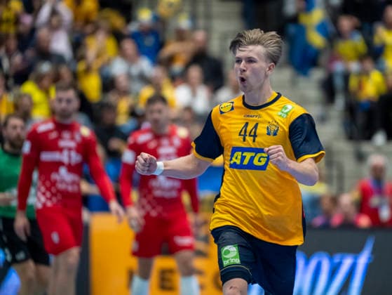 KRISTIANSTAD 2026-05-13 Sweden s Leon HalÃ n celebrates after scoring during Wednesday s international handball match between Sweden and Croatia in Kristianstad Arena. KRISTIANSTAD SWEDEN x50090x Copyright: xJohanxNilssonx xTTx HANDBALL SWEDEN-CROATIA