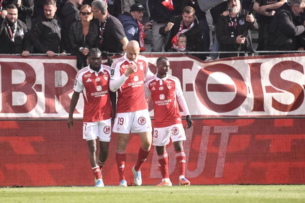 Stade Brestois 29 v RC Strasbourg Alsace - Ligue 1 McDonald s 2025 2026 07 Junior DINA EBIMBE (sb29) - 23 Kamory DOUMBIA (sb29) - 19 Ludovic AJORQUE (sb29) during the Ligue 1 McDonald s match between Brest and Strasbourg at Stade Francis Le Ble on May 13, 2026 in Brest, France. Brest France  Copyright: xEwenxGavetx 776496228