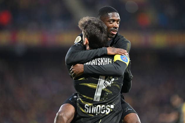 260513 RC Lens vs PSG Khvicha Kvaratskhelia (7) of PSG celebrates with Ousmane Dembele (10) of PSG after scoring the 0-1 goal during the French Mc Donalds Ligue 1 season 2025 - 2026 matchday 29 game between Racing Club De Lens and Paris Saint-Germain on May 13 , 2026 in Lens, France. (Photo by David Catry Isosport) Lens France  Copyright: xDavidxCatryx 20260513DC2_3356