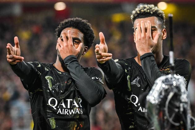 May 13, 2026, Lens, France, France: Ibrahim MBAYE of PSG celebrate his goal with Desire DOUE of PSG during the Ligue 1 match between RC Lens and Paris Saint-Germain (PSG) at Bollaert-Delelis Stadium on May 13, 2026 in Lens, France. Lens France - ZUMAm308 20260513_zsp_m308_016 Copyright: xMatthieuxMirvillex