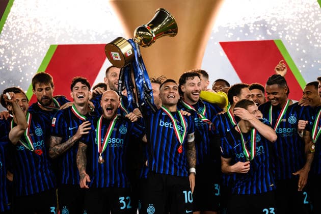 Lautaro Martinez of FC Internazionale lifts the trophy as he celebrates with team mates at the end of the 2025 2026 Coppa Italia football final between SS Lazio and FC Internazionale at Stadio Olimpico in Rome (Italy), May 13, 2026. AndreaxStaccioli