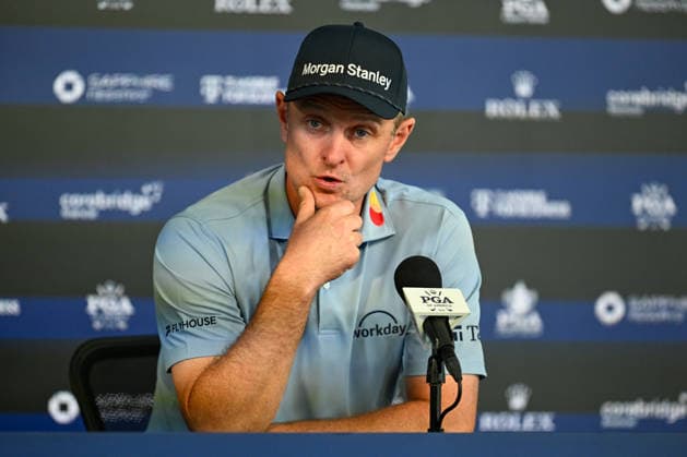 NEWTON SQUARE, PA - MAY 12: Justin Rose of England is shown speaking with the media during the 2026 PGA, Golf Herren Championship on May 12th, 2026 at Aronimink Golf Club in Newtown Square, PA.(Photo by Terence Lewis Icon Sportswire) GOLF: MAY 12 PGA PGA Championship EDITORIAL USE ONLY Icon260512124