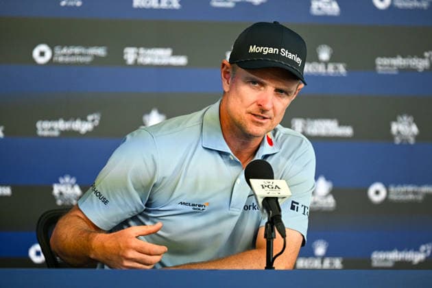 NEWTON SQUARE, PA - MAY 12: Justin Rose of England is shown speaking with the media during the 2026 PGA, Golf Herren Championship on May 12th, 2026 at Aronimink Golf Club in Newtown Square, PA.(Photo by Terence Lewis Icon Sportswire) GOLF: MAY 12 PGA PGA Championship EDITORIAL USE ONLY Icon260512125