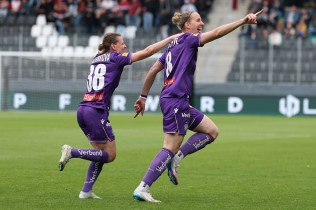 14.MAY.2026 - SOCCER - 2025-2026 ÖFB WOMEN S CUP 50.FINAL, FC Red Bull Salzburg vs FK Austria Wien Katharina Schiechtl (Austria Wien) celebrates his team s first goal VIENNA VIENNA, AUSTRIA – Wiener Club-Stadion Wiener-Sport-Club-Stadion,Alszeile 19, 1170 Wien AUSTRIA
