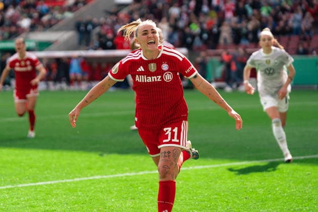 Cologne, Germany 14th May 2026: Georgia Stanway of FC Bayern München scoring during the DFB Pokal Final between VfL Wolfsburg and FC Bayern München at RheinEnergieStadion on May 14th, 2026 in Cologne, Germany (Leonie Kiehl SPP) Copyright: xLeoniexKiehlx xSPPx spp-en-LeKiSp-SPP26_Leonie_20032026-1-14