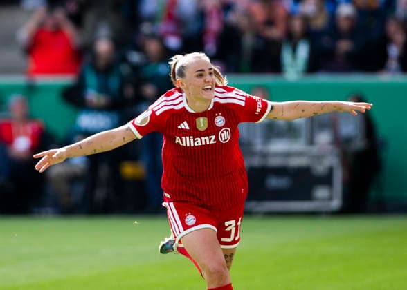 Koeln, RheinEnergieStadion, 14.05.2026: Georgia Stanway of Muenchen celebrates scoring the 1:0 goal during the DFB cup final VFL Wolfsburg v. FC Bayern Muenchen.