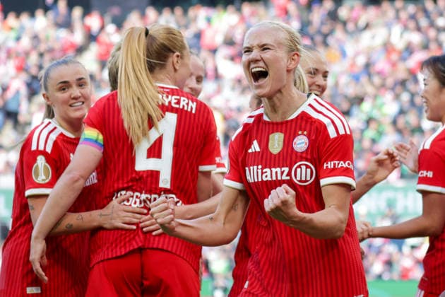 14.05.2026, xgrfx, Fussball DFB Pokalfinale der Frauen, VfL Wolfsburg - FC Bayern München v.l. Tor, Pernille Harder zum 0:2 (FC Bayern München) (DFL DFB REGULATIONS PROHIBIT ANY USE OF PHOTOGRAPHS as IMAGE SEQUENCES and or QUASI-VIDEO) Köln