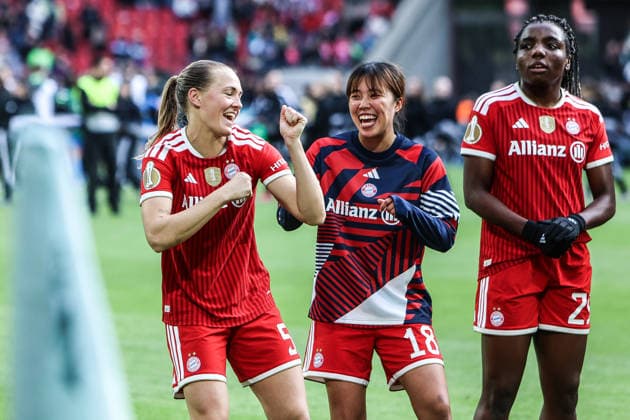 Fussball, DFB-Pokal Frauen Saison 2025 2026 Finale VfL Wolfsburg - FC Bayern München 14.05.2026, RheinEnergieSTADION Magdalena Eriksson (FC Bayern München, 5) Momoko Tanikawa (FC Bayern München, 18) Köln RheinEnergieSTADION Nordrhein-Westfalen Deutschland