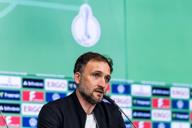 DFB-Pokal 46. Finale der Frauen, VfL Wolfsburg - FC Bayern München, 14.05.2026 Jose Barcala (FC Bayern München, Trainer) während der Pressekonferenz DFB-Pokal 46. Finale der Frauen, VfL Wolfsburg - FC Bayern München, Köln, RheinEnergieSTADION am 14.05.2026 Copyright: xBEAUTIFULxSPORTS Wunderlx