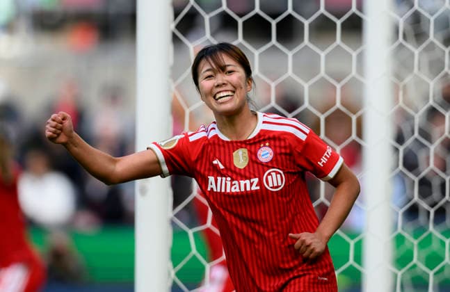 Jubel Momoko TANIKAWA (M) nach Ihrem Tor zum 0:3. DFB-Pokal der Frauen Finale 2026, VfL Wolfsburg (WOB) - FC Bayern Muenchen (M) 0:4, am 14.05.2026 in Koeln Deutschland. DFB regulations prohibit any use of photographs as image sequences and or quasi-video Â