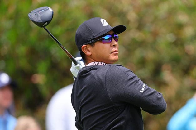 NEWTON SQUARE, PA - MAY 14: Kurt Kitayama of the United States tees off at the first tee during round 1 of the 2026 PGA, Golf Herren Championship on May 14, 2026 at Aronimink Golf Club in Newtown Square, Pennsylvania. (Photo by Rich Graessle Icon Sportswire) GOLF: MAY 14 PGA PGA Championship EDITORIAL USE ONLY Icon260514254691