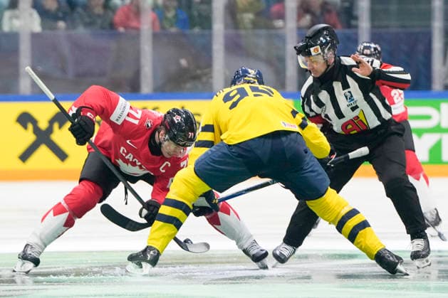 FRIBOURG, SWITZERLAND - MAY 15: Macklin Celebrini of Canada L) against Jacob De la Rose of Sweden C) during the 2026 IIHF Ice hockey, Eishockey World Championship, WM, Weltmeisterschaft Switzerland game between Canada and Sweden at BCF Arena on May 15, 2026 in Fribourg, Fribourg. Fribourg BCF Arena Fribourg Switzerland Copyright: xJustPictures.ch JarixPestelaccix jp-en-EuSpIm-JP6_JAR_Canada_Sweden_15May2026_00068