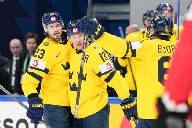 FRIBOURG, SWITZERLAND - MAY 15: Lucas Raymond of Sweden C) celebrates his goal during the 2026 IIHF Ice hockey, Eishockey World Championship, WM, Weltmeisterschaft Switzerland game between Canada and Sweden at BCF Arena on May 15, 2026 in Fribourg, Fribourg. Fribourg BCF Arena Fribourg Switzerland Copyright: xJustPictures.ch JarixPestelaccix jp-en-EuSpIm-JP6_JAR_Canada_Sweden_15May2026_00190