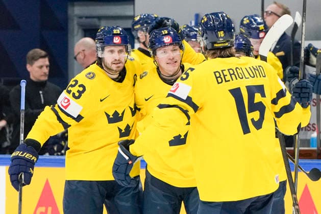 FRIBOURG, SWITZERLAND - MAY 15: Lucas Raymond of Sweden C) celebrates his goal during the 2026 IIHF Ice hockey, Eishockey World Championship, WM, Weltmeisterschaft Switzerland game between Canada and Sweden at BCF Arena on May 15, 2026 in Fribourg, Fribourg. Fribourg BCF Arena Fribourg Switzerland Copyright: xJustPictures.ch JarixPestelaccix jp-en-EuSpIm-JP6_JAR_Canada_Sweden_15May2026_00191